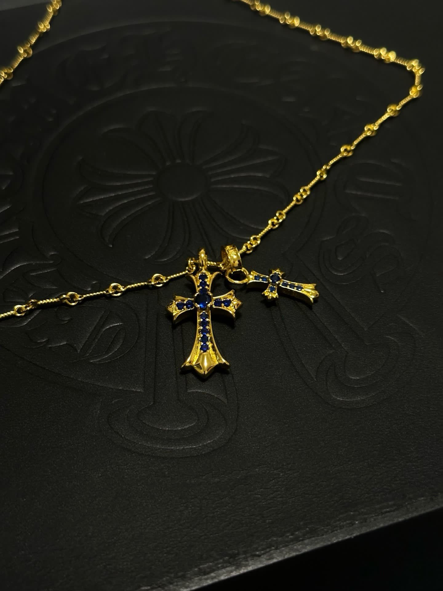 Chrome Hearts Gold Cross Pendant Necklace with Blue Stones